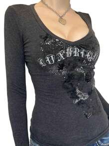 Womens Spring Autumn Fitted Tops Long Sleeve Letter Pattern Print Skinny T-Shirt Streetwear - Black - View 3