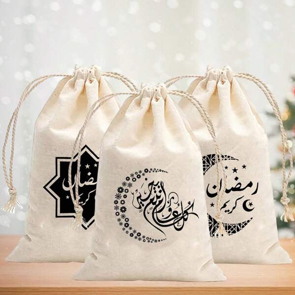 3pcs/10pcs Solid Color Drawstring Bags DIY Moon Star Lantern Flower Middle East Holiday Drawstring Pouch Canvas Drawstring Bag Packaging Gift Bag Candy Bag Canvas Net Bag Reusable Storage Bag Jewelry Storage Bag