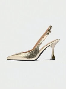 女士金属扣蛇纹尖头穆勒鞋，后系带高跟鞋，时尚舒适，适合派对穿着，金色，猫跟，优雅，女士高跟鞋，高贵典雅 - 金色 - 查看 7