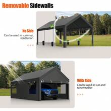 Carport, 12x20 Ft Heavy Duty Carport With Roll-Up Windows, Portable Garage With Removable Sidewalls & Doors, Car Canopy With Sandbags And All-Season Tarp For Car Boat Truck Motorcycle - 深灰色 - 查看 3