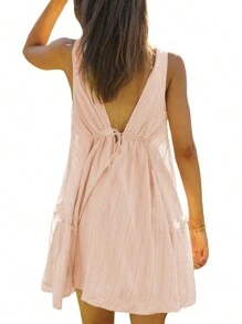 Women Summer Casual A-Line Dress Solid Color Deep V-Neck Tie-Up Mini Dress Fashion Backless Tank Dress - Hồng - Xem 4