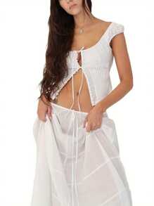 Womens Tank Tops Solid Color Sleeveless Sling Design Front Button Tie Cardigan Tank Tops - Blanco - View 4