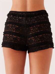 Women's Lace Shorts Slim Flower See Through Elastic Waist Mini Shorts For Summer Streetwear - màu đen - Xem 6