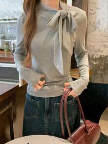 Camiseta básica de manga larga gris de corte ajustado, con decoración de lazo, estilo para ir a la oficina - Gris - Ver 4