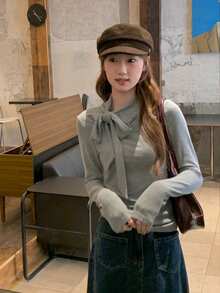 Camiseta básica de manga larga gris de corte ajustado, con decoración de lazo, estilo para ir a la oficina - Gris - Ver 5