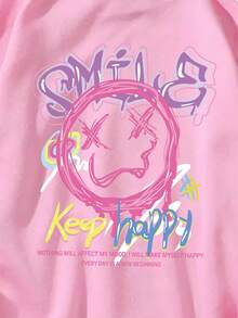 Capucha con estampado de dibujos animados y letra con bolsillo de canguro con cordón con forro térmico - Rosa - Ver 6