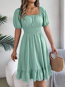 Damen Lässig Blümchen Rüschen Ärmel Kordelzug Taille Kurz Kleid, für den Sommerurlaub