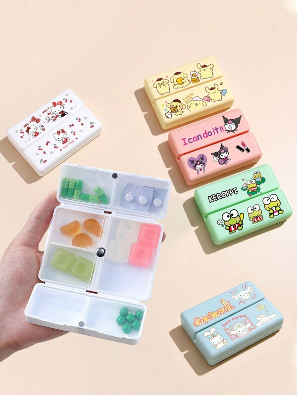 Sanrio Portapillole organizzatore a cartone animato, con motivi carini di Hello Kitty, Pom Pom Purin, Kuromi, con scomparti interni multipli, compatto e portatile, adatto per essere portato in giro, conveniente per i viaggi