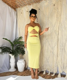 Strapless Suplex Midi Dress With Slit On The Back, Summer Launch Bee - Mustard Yellow - View 2