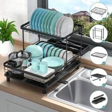Escurridor de Platos, Escurridor de Trastes de 2 Niveles, Estante para Secar Platos sobre el Fregadero para Platos con Sistema de Drenaje Automático,Multifuncional Organizar la Cocina Soporte - Negro - Ver 6