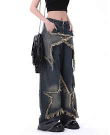 Y2K Baggy Jeans Women&Men Star Patch Aesthetic High Waist Straight Leg Pants Jnco Jeans Vintage Fashion Grunge Casual Hip Hop Loose Trousers Streetwear