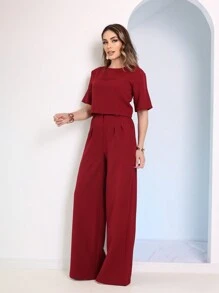 Women's Sets Blouse + Wide Leg Pants - Burgundy - View 1