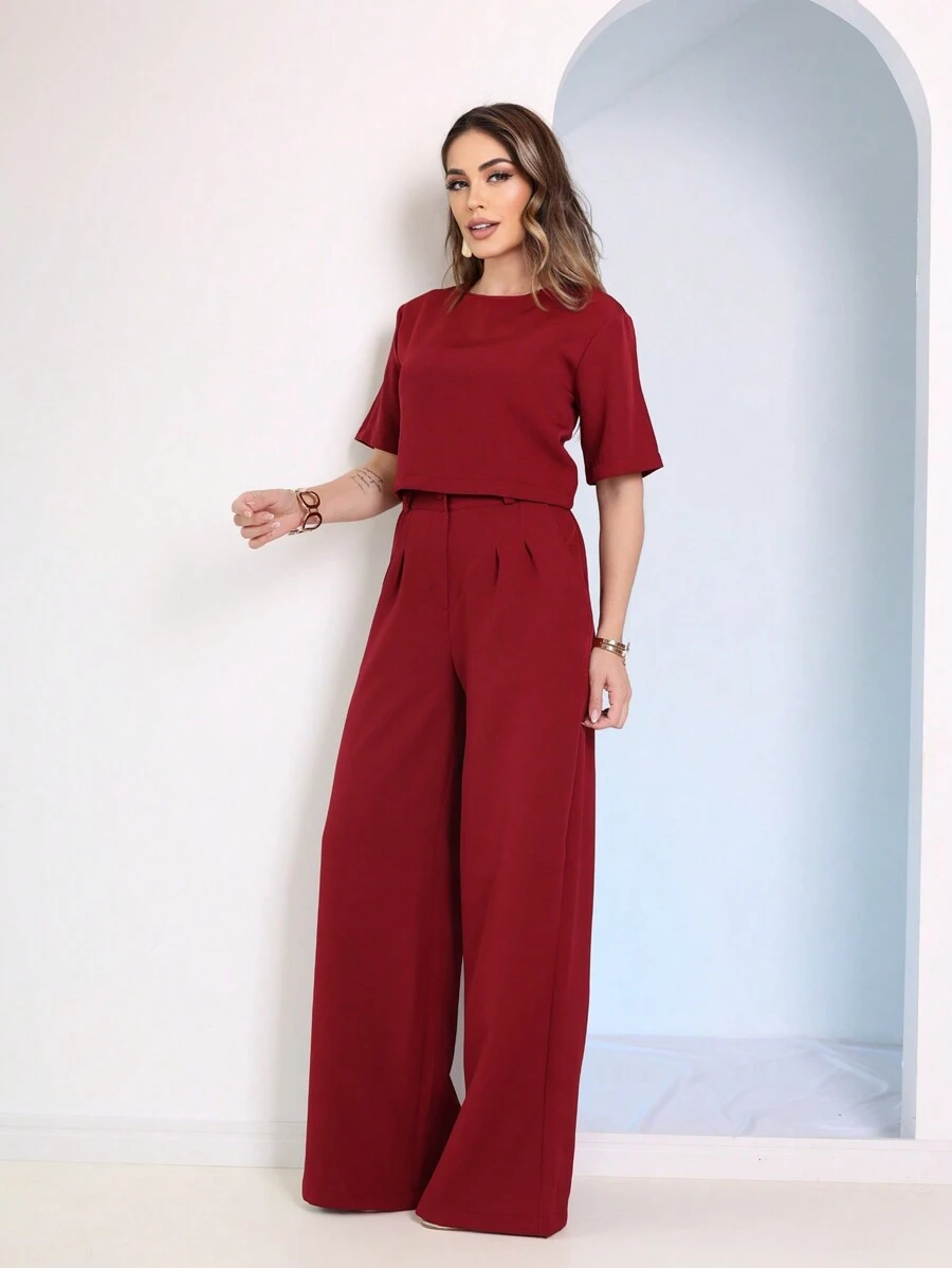 Women's Sets Blouse + Wide Leg Pants - Burgundy - View 1