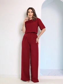 Women's Sets Blouse + Wide Leg Pants - Burgundy - View 3