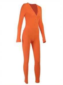 Women Deep V Neck Pajamas Jumpsuit Playsuit Solid Long Sleeve One Piece Romper Sleepwear - 橘色 - 查看 5