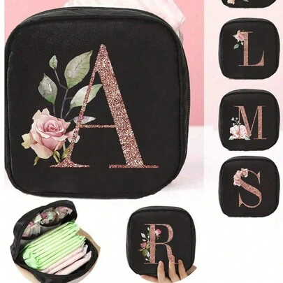 1pc Floral & Letter Pattern Storage Bag - Black Sanitary Pad Pouch With A-Z Letters, Large Capacity Coin Purse, Girls Cash Bag - Square Cosmetic And Toiletry Organizer Bag, Compact And Portable, Meets Daily Travel Storage Needs, Ideal Gift For Travel Lovers And Family - Perfectly Suitable For Girls During Menstruation, Full Of Bohemian Charm