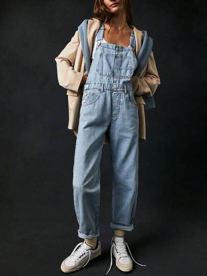 Women Summer Long Denim Jumpsuit Casual Spaghetti Strap Wide Leg Romper Pants Baggy Bib Overalls For Autumn Streetwear