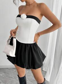 女式纯色单肩拼色迷你简约休闲郁金香下摆短款连衣裙