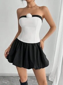 女式纯色单肩拼色迷你简约休闲郁金香下摆短款连衣裙