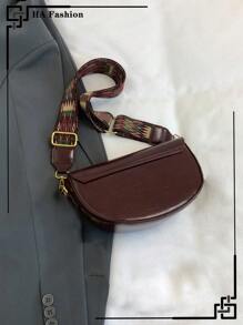 Retro Burgundy Red Saddle Bag With Wide Strap, Burgundy Shoulder Bag For Daily Commute - Burgundy - View 5