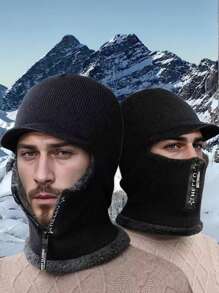 1Pc Casual Knitted Fabric Hat With Neck Warmer For Men, Winter Outdoor Riding Thick Fleece Balaclava Cap Beanie Fall Outfit - Multicolor - View 1