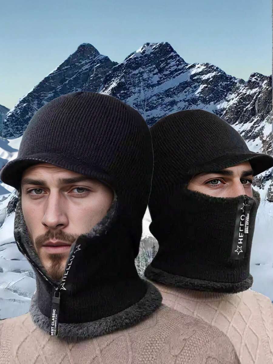 1Pc Casual Knitted Fabric Hat With Neck Warmer For Men, Winter Outdoor Riding Thick Fleece Balaclava Cap Beanie Fall Outfit - Multicolor - View 1