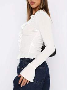 Women Long Sleeve Crop Tops Button Front Ruffle Cardigan Fitted Shirt For Club Streetwear Aesthetic Clothes