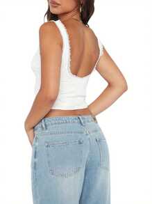 Women Y2K Low Cut Tie Up Front Camisole Sleeveless Lace Trim Cut Out Crop Tops V Neck Ruffle Frill Tank Top Going Out Vest - trắng - Xem 5