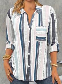 Plus Size Stripe Print Button Front Lapel Collar Shirt - Grey - View 1
