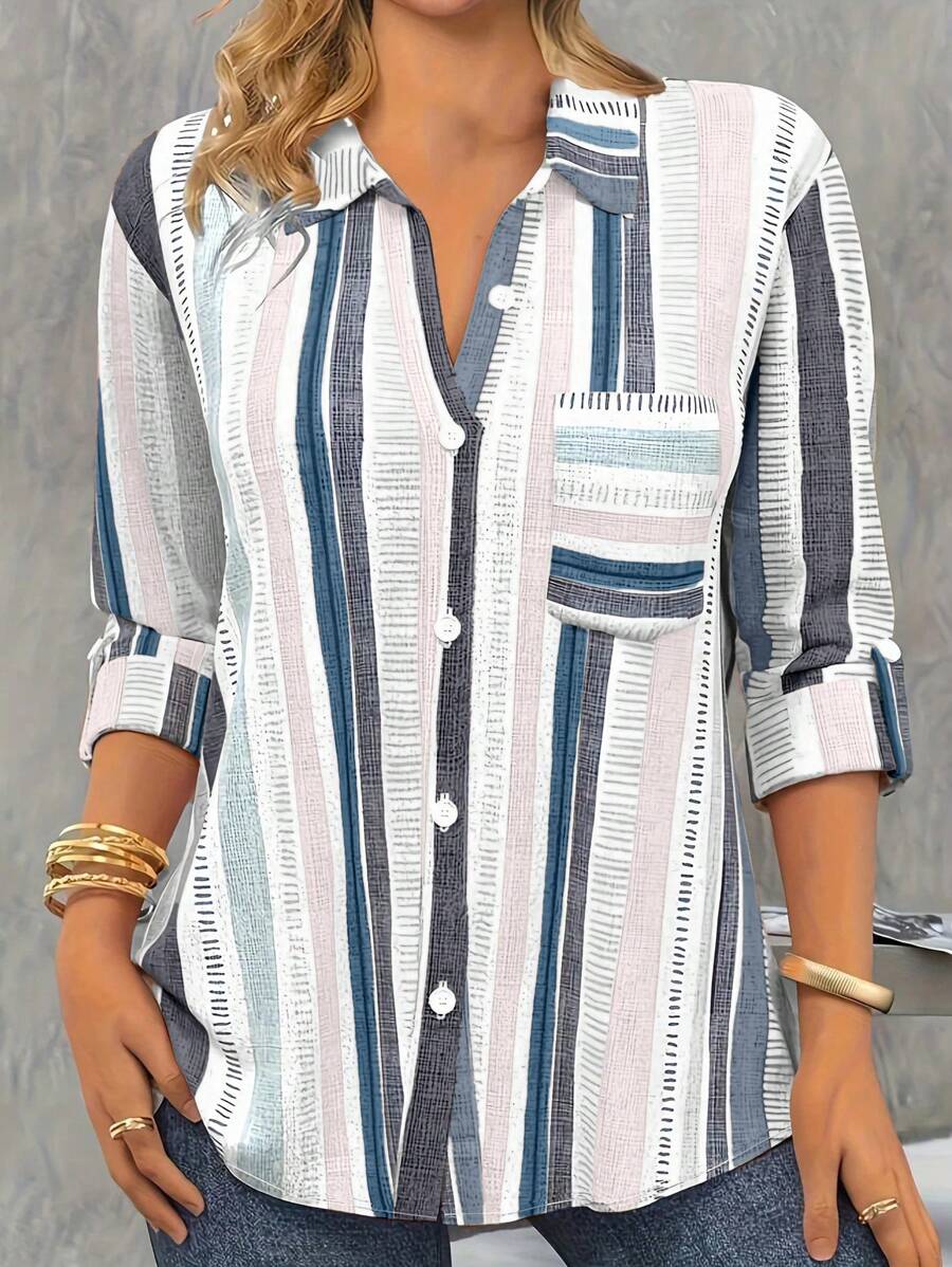 Plus Size Stripe Print Button Front Lapel Collar Shirt - Grey - View 1
