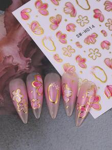 2 PCS Pink Flower Petal 3D Nail Stickers Elegant Flower Gold Edge Line Geometry Designs Nail Art Decals For Acrylic Nails DIY Spring Self-Adhesive Manicure Decoration Supplies