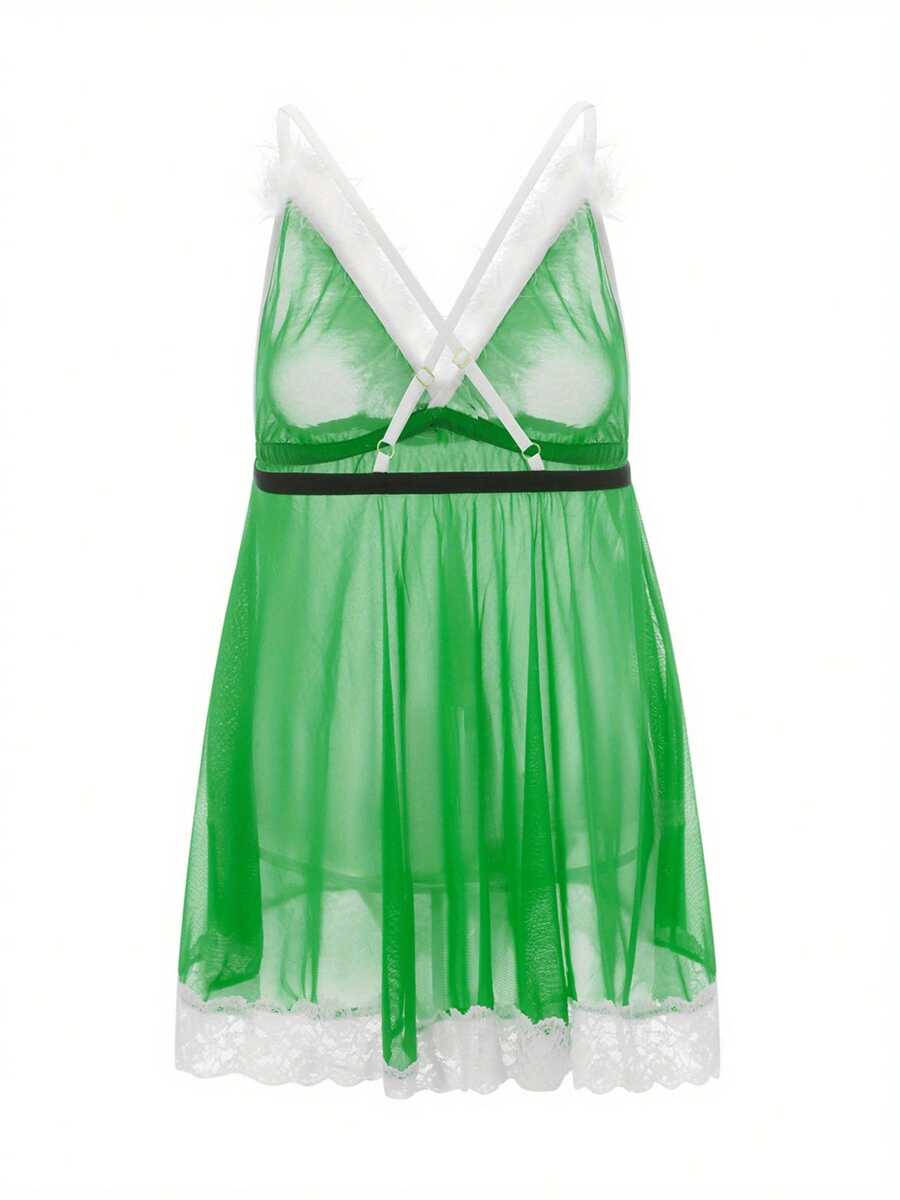 Women Christmas Lingerie Sling Nightdress Plush Trim Lace Patchwork V-Neck Sleeveless Santa Babydoll Lingerie Sleepwear Chemise - Green - View 1