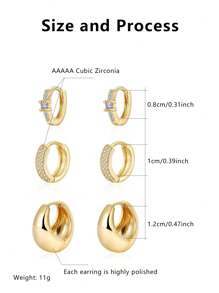 Ensemble de 3 paires de petites boucles d'oreilles créoles en or pour femmes, créoles Huggie plaquées 14K pour plusieurs piercings, boucles d'oreilles créoles délicates avec zircone cubique CZ, boucles d'oreilles créoles légères et épaisses
