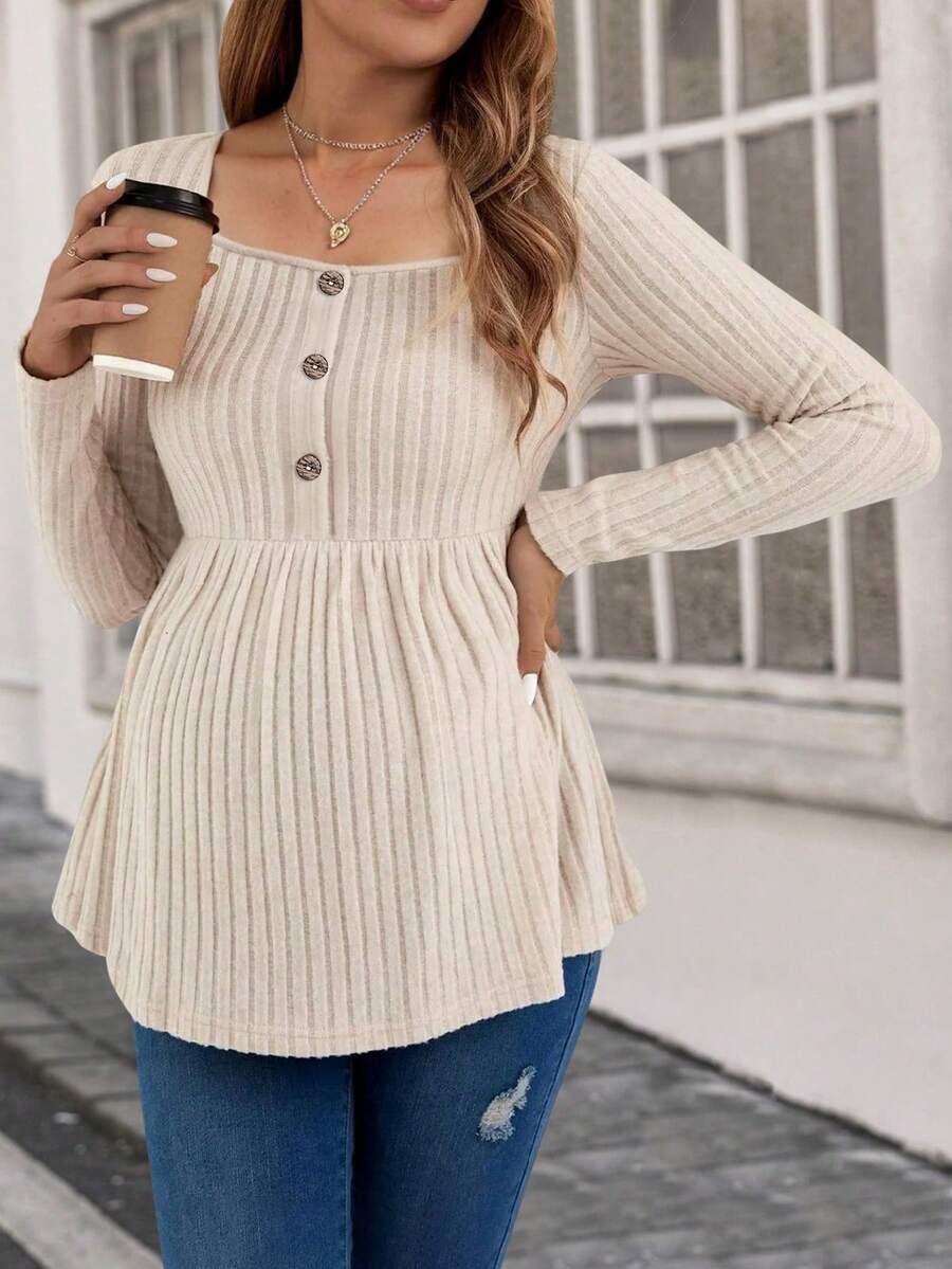 T-shirt de maternité manches longues, design doux et délicat, convient pour le début de l'automne - Nude - Voir 1