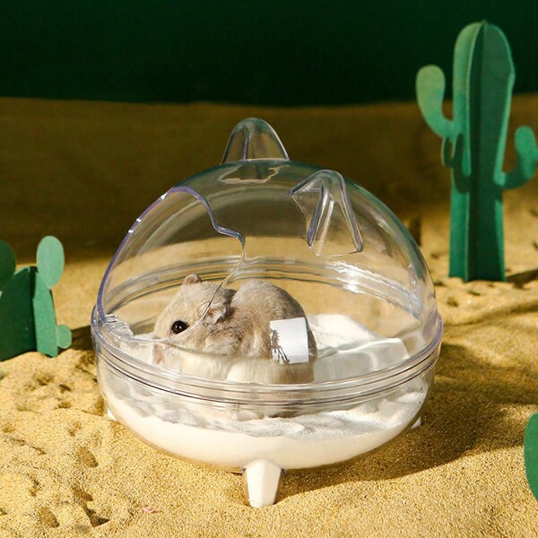 O banheiro transparente colorido para hamster e urso dourado com formato de gato pode ser usado para banho de hamster para evitar respingos e evitar a nidificação