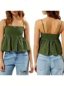 Women Spaghetti Strap Camisole Hollow Eyelets Bow Smocked Backless Square Neck Crop Tank Tops