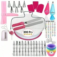 Bộ 200 dụng cụ xoay trang trí bánh, bao gồm đầu bắt kem, túi bắt kem, cốc đựng bánh nướng xốp, thìa phết kem, dụng cụ làm mịn kem có thể điều chỉnh, dụng cụ làm bánh - Nhiều màu - Xem 1