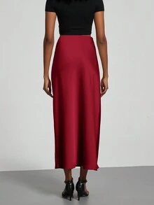 Se-Helo Fashion Women's Elastic Satin Feeling Satin Maxi Skirt - Wine Red - Burgundy - View 8