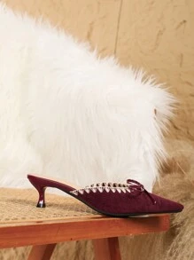 Spitzschuh Damen Schuhe mit Schleifen-Wildleder, wellenförmigem Design und Kitten-Absatz, offene Rückseite, Stiletto, modische Slip-On Sandalen, Valentinstag - Bordeaux - Übersicht 5