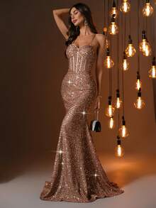 Elisanya 优雅秋冬露肩美人鱼亮片露背长款女士连衣裙、婚礼、生日、派对女士服装、万圣节、圣诞节 - 香檳色 - 查看 7
