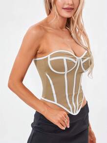 Womens Summer Fitted Corset Tube Tops Sleeveless Contrast Color Bandeau Tops - White - View 3