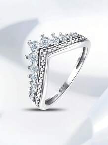 1pc Elegant V-Shaped Zirconia Stackable Ring, 925 Sterling Silver, Exquisite Jewelry, Holiday/Birthday Gift, Suitable For Women's Daily Wear And Dates - V-shaped Crown Small Heart Ring - View 3