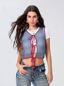 Women Crochet Cutout Tank Tops Casual Summer Tie Front Basic Vest Sleeveless Shirt Aesthetic Clothes For Streetwear