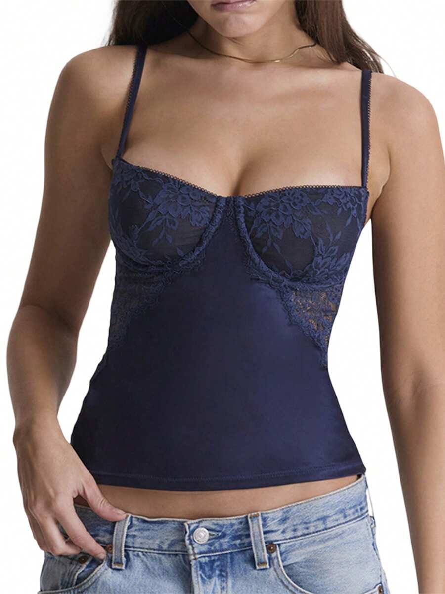 Womens Summer Cami Tops, Vintage Sleeveless Lace Patchwork Underwire Bra Camisole - Blue - View 1