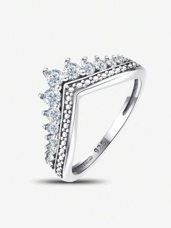 1 Pc Delicate V-Shaped Zirconia Stacking Ring 925 Sterling Silver Elegant Fine Jewelry Gift Holiday Gift Birthday Gift Suitable For Women Daily Wear Ladies Date Wear