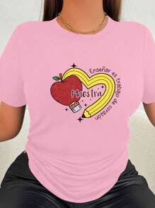 MURAMASA Women's Comfortable Casual T-Shirt With Cute Alphabet, Apple And Pencil Print - 粉色 - 查看 1