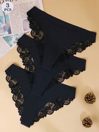 3Pcs/Set Women's Sexy Lace Underwear Briefs Silk Panties Lingerie For Woman