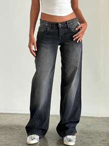 Women Y2k Low Rise Baggy Jeans Loose Fit Boyfriend Straight Wide Leg Jeans  Long Denim Pants With Pockets - Iron Gray - 查看 1