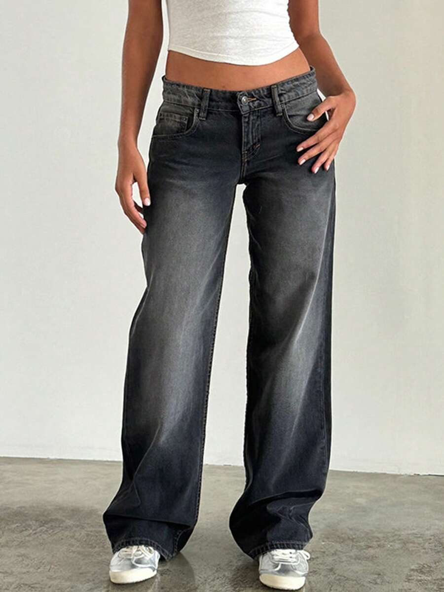 Women Y2k Low Rise Baggy Jeans Loose Fit Boyfriend Straight Wide Leg Jeans  Long Denim Pants With Pockets - Iron Gray - 查看 1