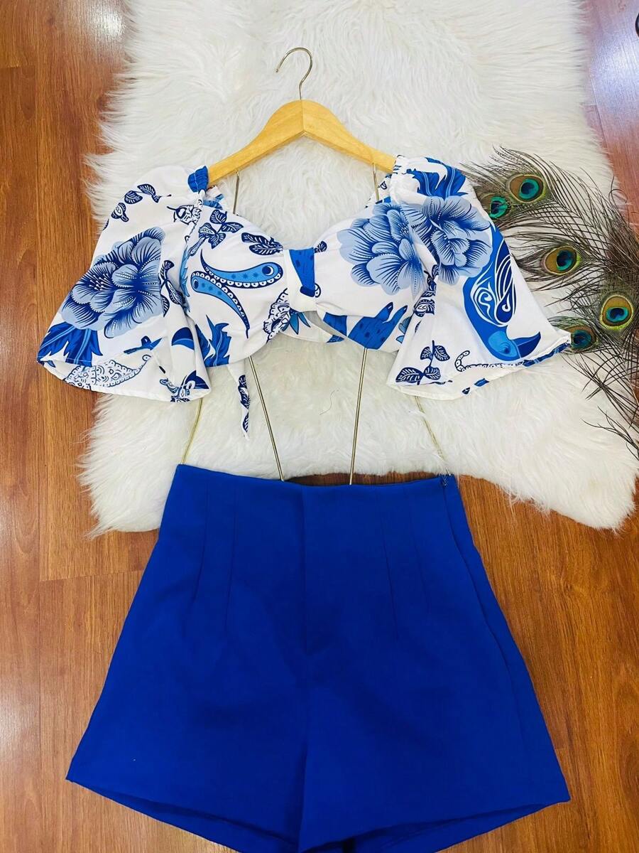 RAW CLOTHING One Size Shirt Set That Ties At The Back With Elastane And Print, Shorts With Zipper And No Pocket - Xanh đậm - Xem 1